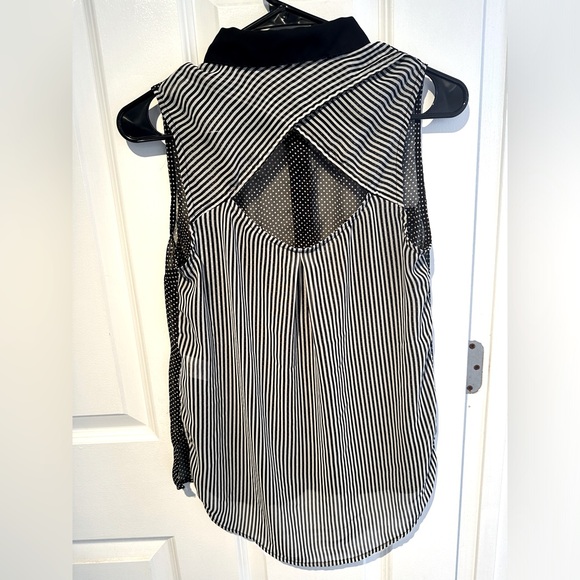 Maurices Black & White Sheer Sleeveless Button-Up with Polka Dots & Stripes - Picture 2 of 6